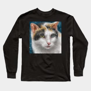 Painting of a Japanese Bobtail Cat with Gorgeous Blue and Green Eyes Long Sleeve T-Shirt